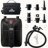 Breeze Plus Electric rechargeable air pump with nozzles, hose, usb c charger, and a carry bag.