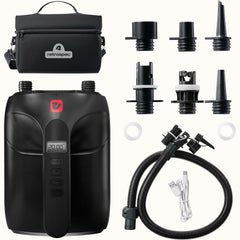 Breeze Plus Electric rechargeable air pump with nozzles, hose, usb c charger, and a carry bag.