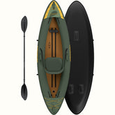 An overhead view of a dark green inflatable kayak with a comfortable seat and adjustable straps, accompanied by a black paddle.