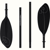 A black 4-piece Coaster Kayak Paddle displayed in pieces, showcasing its blades and retrospec branding.