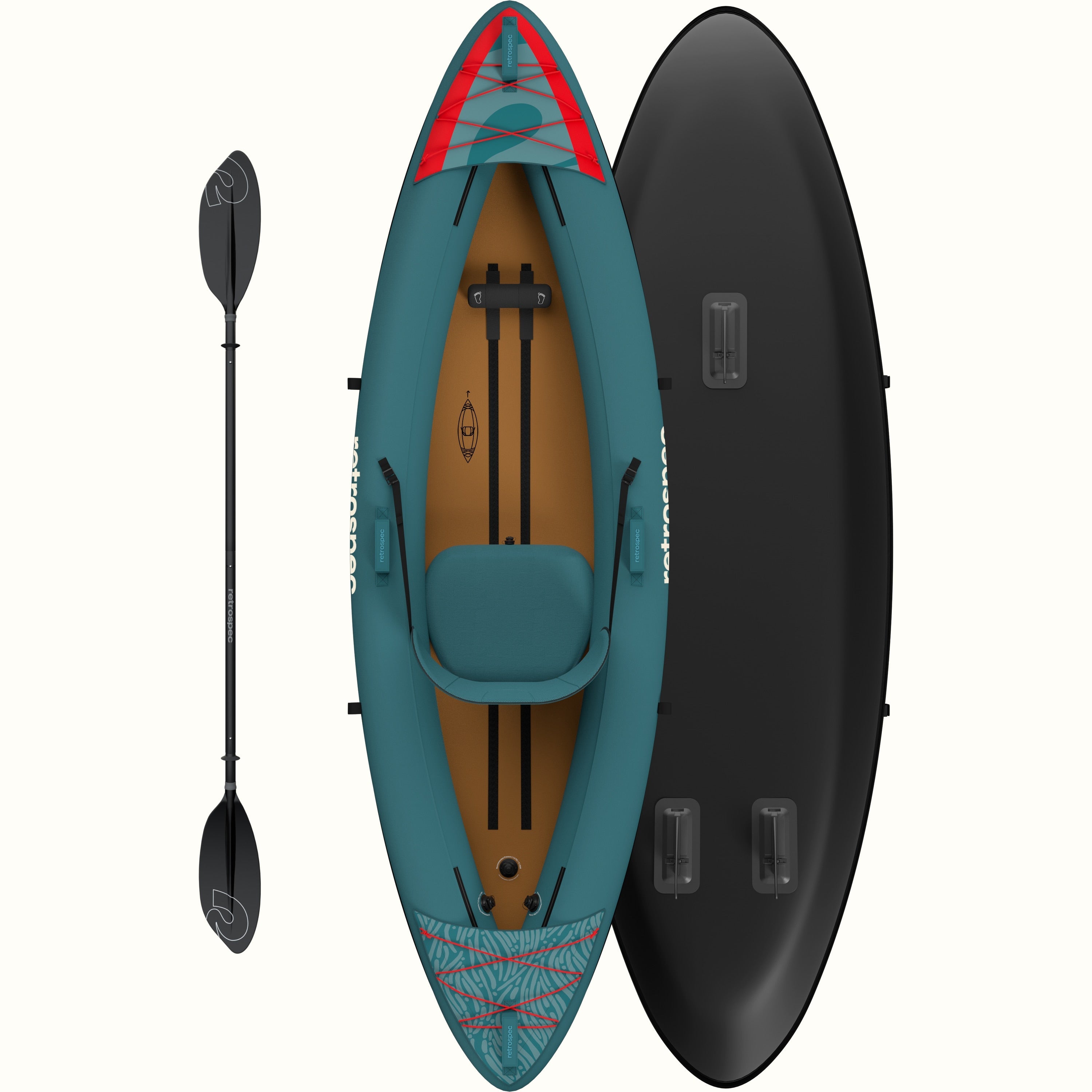A teal inflatable kayak with red accents, featuring a padded seat and adjustable straps, alongside a black paddle.
