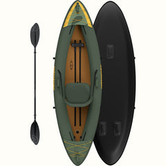 An overhead view of a dark green inflatable kayak with a comfortable seat and adjustable straps, accompanied by a black paddle.