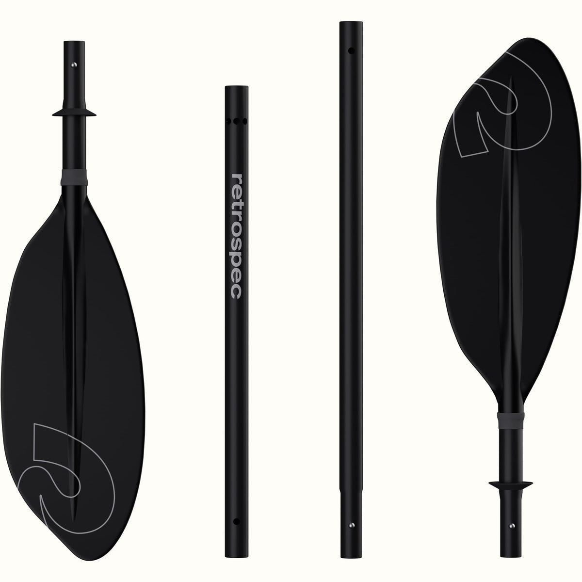 A black 4-piece Coaster Kayak Paddle displayed in pieces, showcasing its blades and retrospec branding.