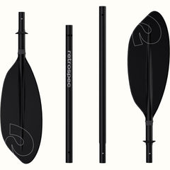 A black 4-piece Coaster Kayak Paddle displayed in pieces, showcasing its blades and retrospec branding.
