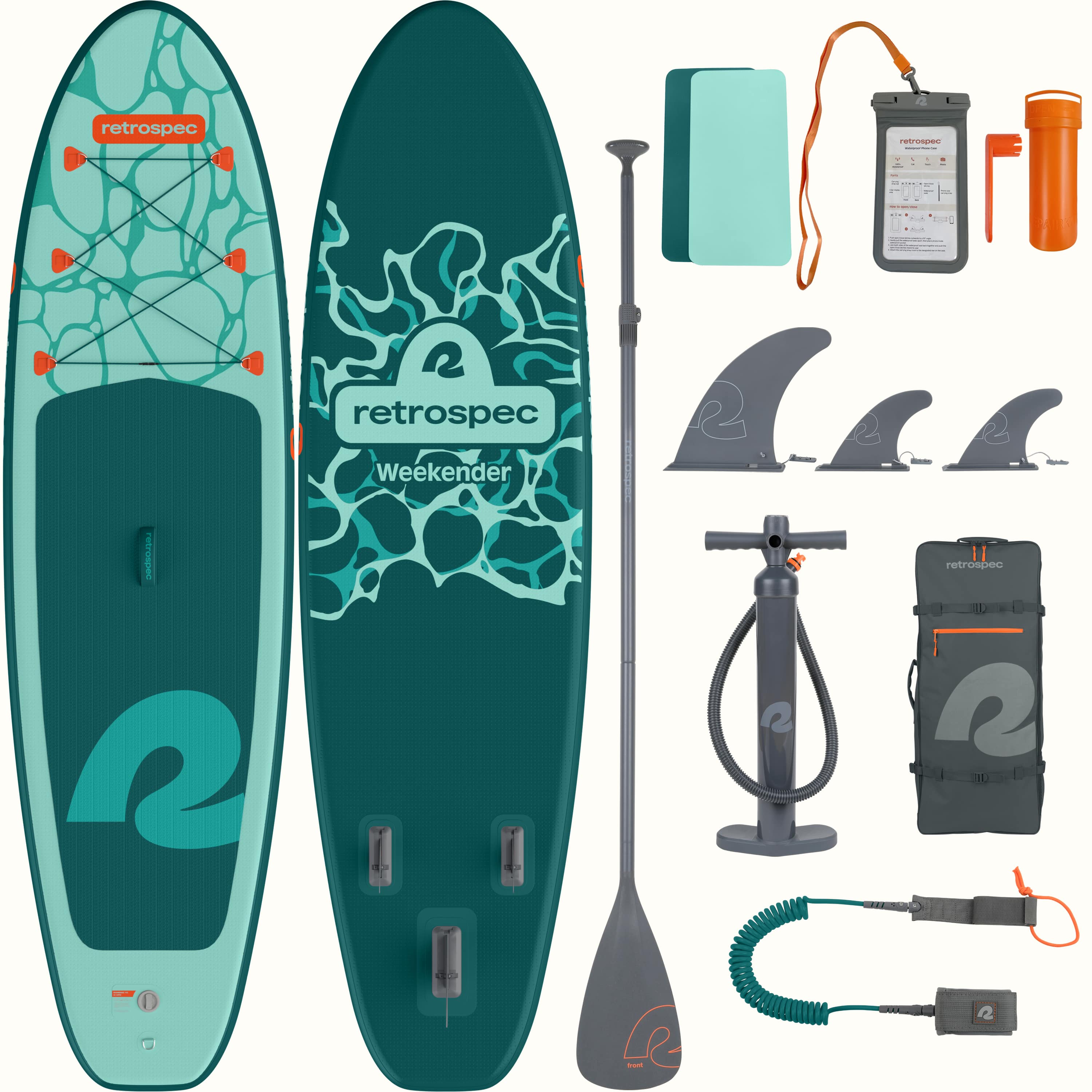 Retrospec Weekender inflatable paddle board set with accessories on a white background.